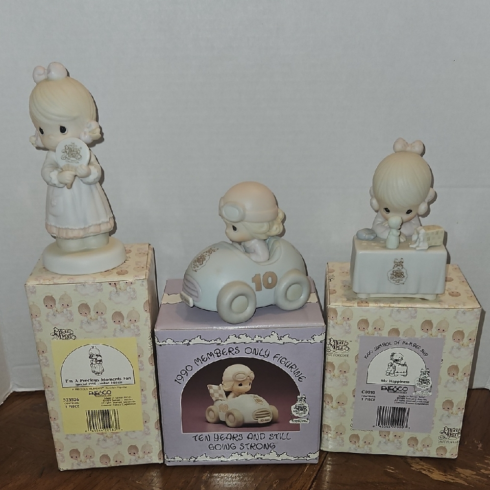 Limited Edition 1990 Precious Moments Figurine Set in Cream, Light Blue and Tan